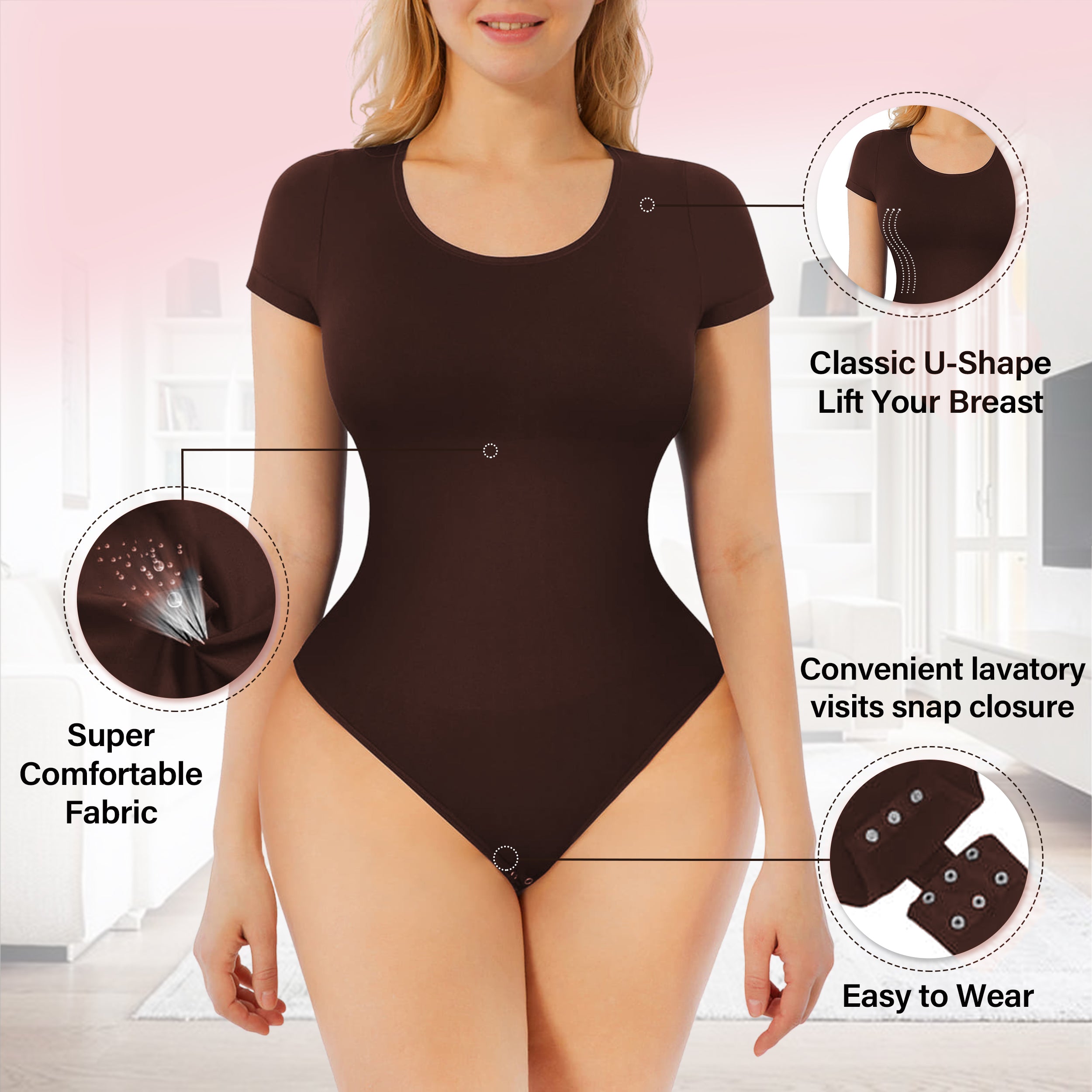 Women Shapewear Thong Bodysuit Short Sleeve Tummy Control Body